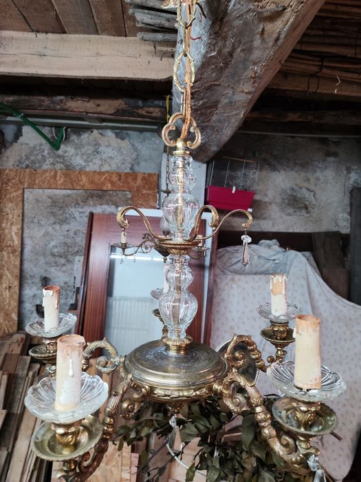 Lustre / Candeeiro de Teto Antigo em Bronze Pesado e Cristal – 5 Braços