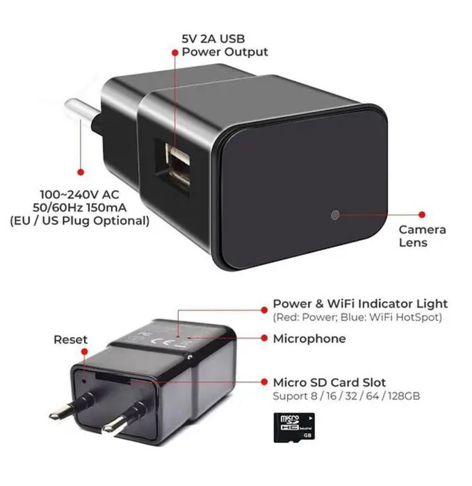 Мини WiFi камера зарядное устройство 1080P Full HD с датчіком руху