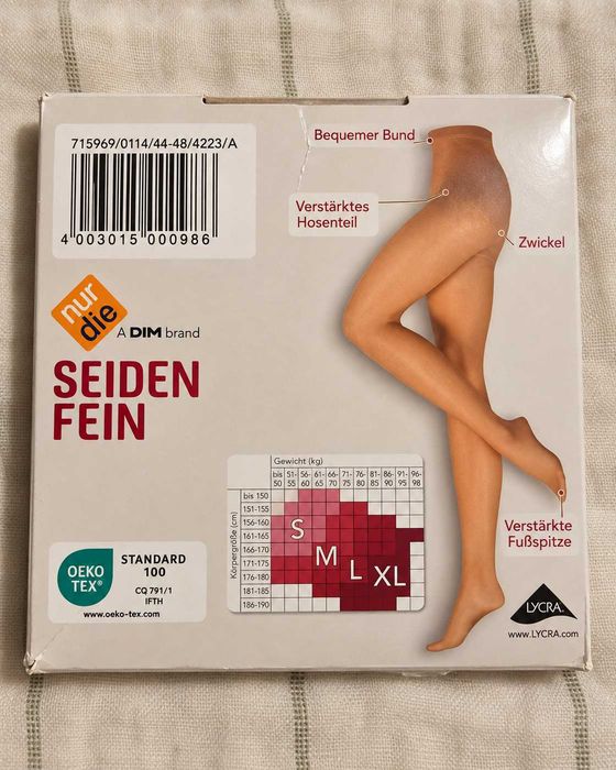 NUR DIE Seidenfein 15 DEN L 44/48 Teint – transparentne z jedwabistym połyskiem