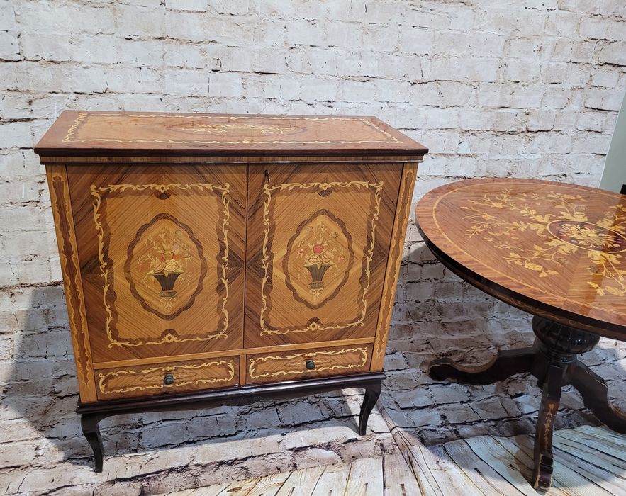 Włochy: Okragly stół + komoda /barek /kredens antyk intarsja Ludwik