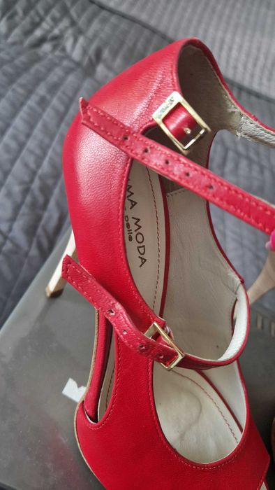 Prima moda, czerwone, seksowne, otwarte skórzane szpilki / eleganckie sandałki na szpilce, rozm. 38