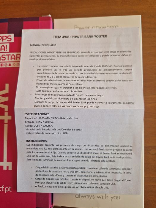 Power Bank WTF de 1200 mAh / 3,7 V - bateria de lítio, sem uso