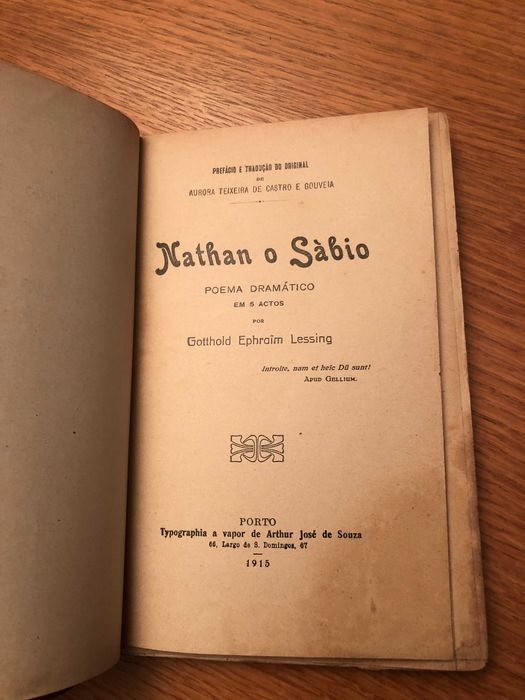 NATHAN o SÁBIO    Gotthold Ephraim Lessing   edição de 1915