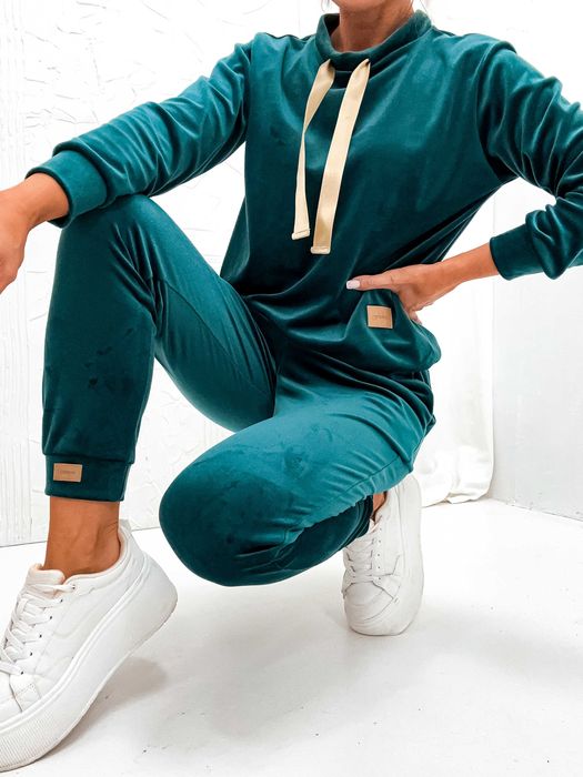 Śliczny dres damski welurowy premium - butelkowa zieleń S