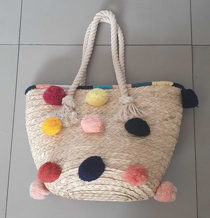 Torba plażowa letnia z pomponami duża koszyk