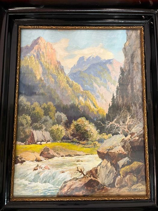 Piękny pejzaż - Alpy 32x26x5cm Karl Flieher 1942r.