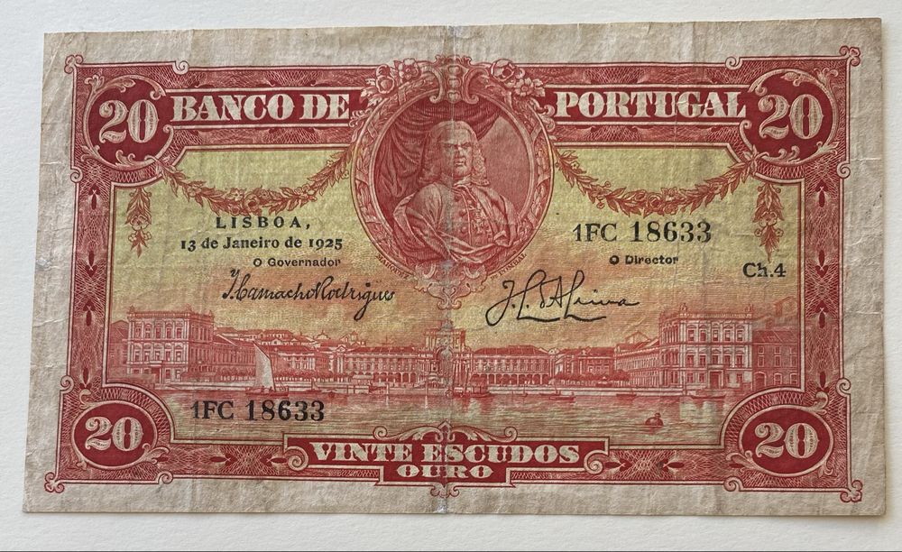 Nota 20$00 Escudos Ch.4 - Marquês de Pombal 14/01/1925 RARA