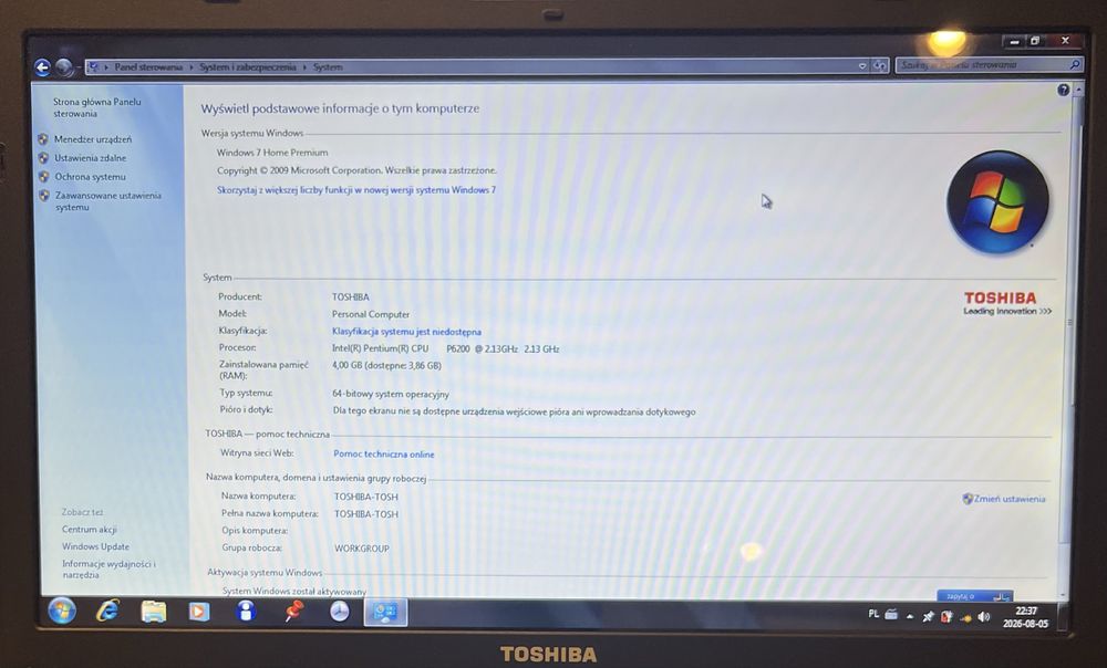 Sprzedam laptopa TOSHIBA SATELLITE C660-1LK, 15’6, Intel Pentium P6200 2.13 GHz, 4GB RAM, 232 HDD, DVD RW