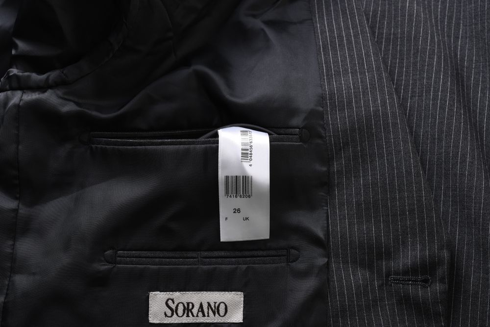 SORANO elegancka grafitowa marynarka męska prążek 44% wełna strecz 54
