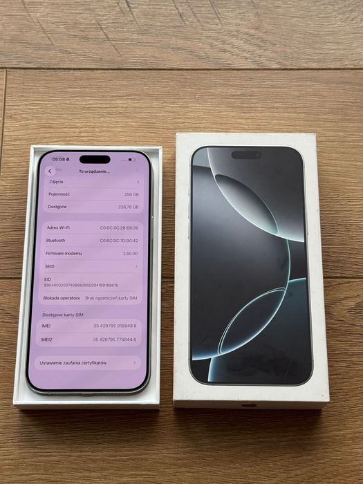 iPhone 16 Pro Max White Titanium 256GB Super Stan! Bateria 90%| Cały Zestaw!