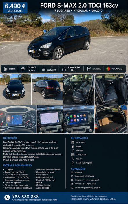 Ford S-Max – 2.0 TDCi | 7 Lugares | Estofos em Pele | Muito Bem Equipada