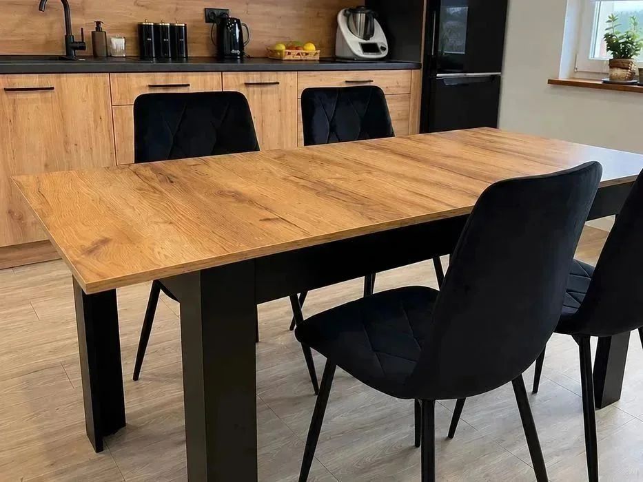 NOWY Stół Rozkładany z Krzesłami 120/160x80 cm Tapicerowane Welurowe Czarne Metalowe Zestaw Mebli Do Salonu Kuchni Jadalni Dąb Craft Kuchenny FAKTURA!