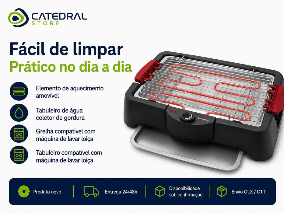 Grelhador Elétrico TECHWOOD 2000W | Grelha Ajustável | Tabuleiro de Água
