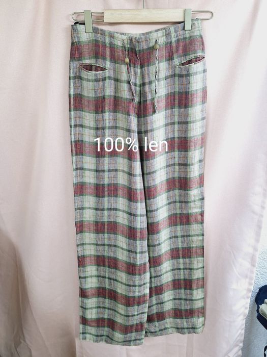 Spodnie lniane len vintage retro S 36 kratka krata