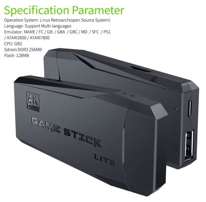 Consola de jogos Stick Lite 4K 64GB HDMI + 2 Comandos Sem Fio (Novo)