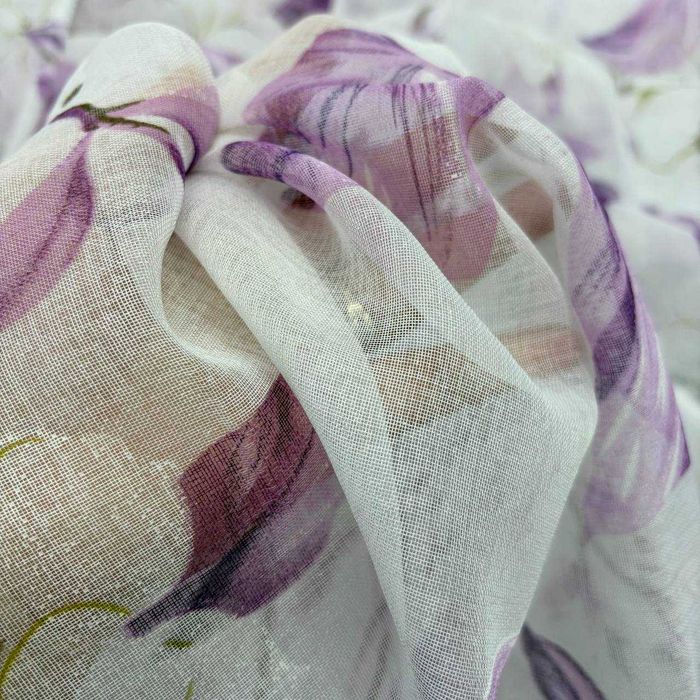 Тюль Magnolia з бузково-фіолетовим листям готовий батист під льон 150–600 см (YH85-16)