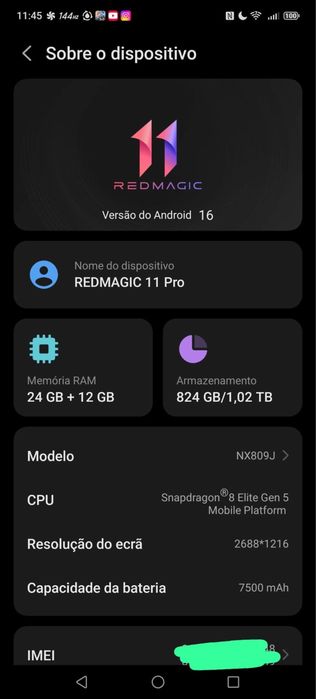 REDMAGIC 11 PRO 5G 24GB RAM | 1 TB com Water Cooler - Telemóvel Gamer com apenas 6 meses de uso