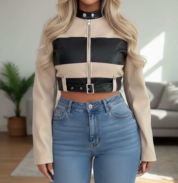 Beżowo czarna kurtka eko skóra xs