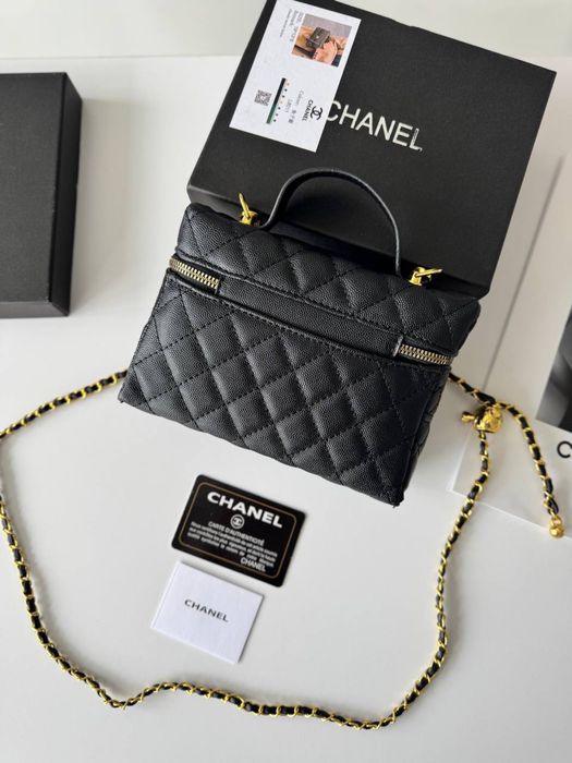 Сумка Chanel Vanity Long Black, шкіряна чорна жіноча сумка шанель, бочонок