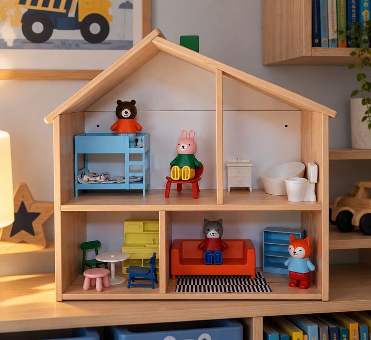Domek/półka ścienna +meble i figurki IKEA