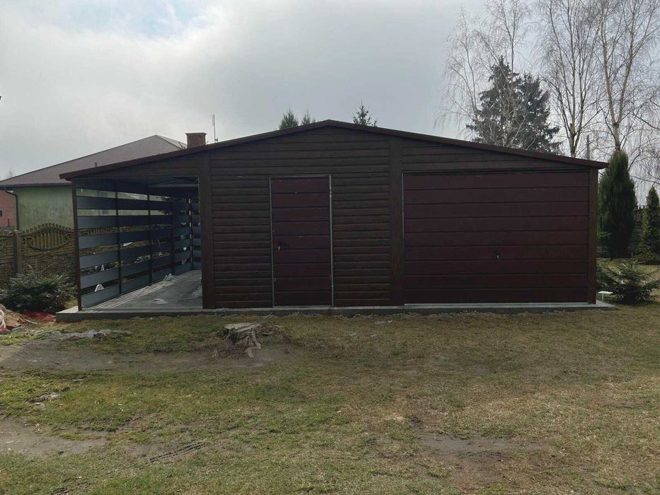 Garaż Blaszany 6x5 + Wiata 2x5 Drewnopodobny Premium Dach Dwuspadowy