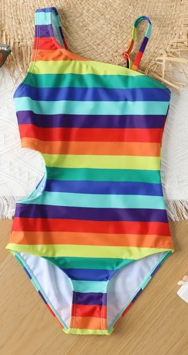 Jednoczęściowy strój paski tęczowy 9 -10 lat