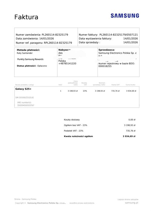 Samsung Galaxy S25+ Plus 12/512GB  z Samsung.pl  23m. gwarancji