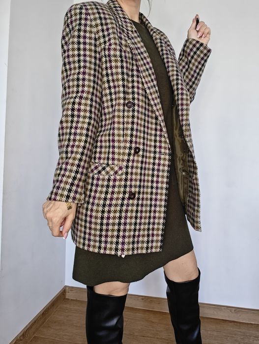 Płaszcz Australia lambswool wełniany jagnięca 38 pepitka krata klasycz