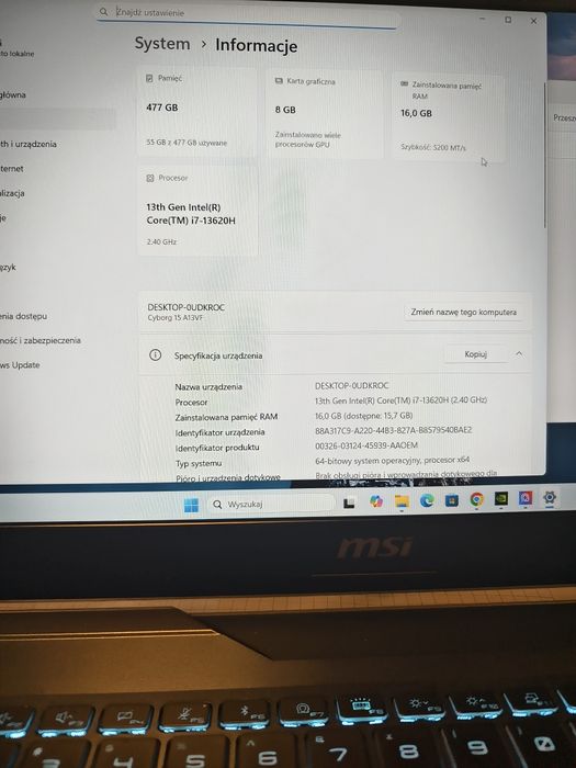 Laptop gamingowy Msi na gwarancji RTX 4060