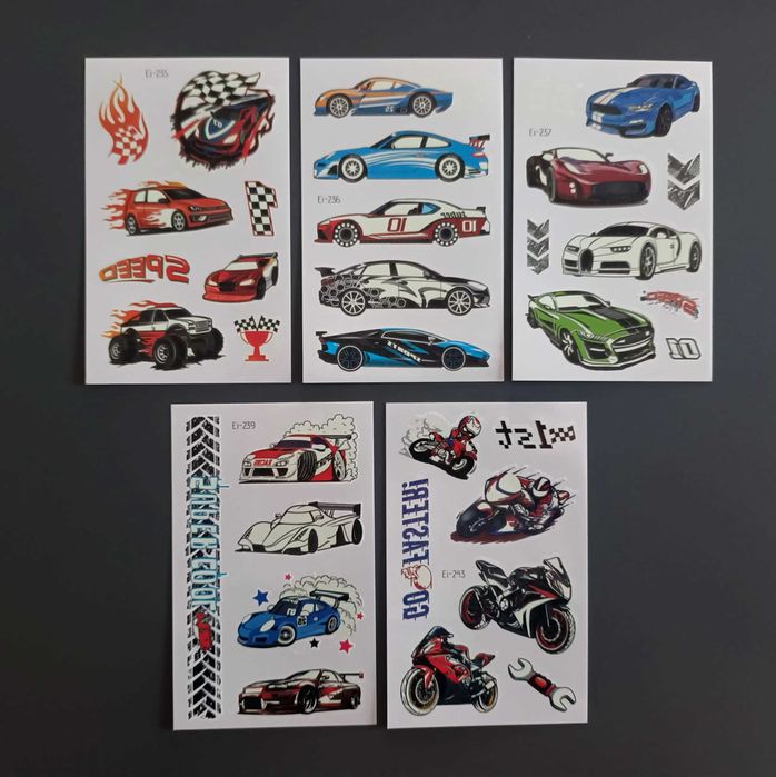 Tatuaże dziecięce SAMOCHODY WYSCIGOWE 5 arkusz świecące