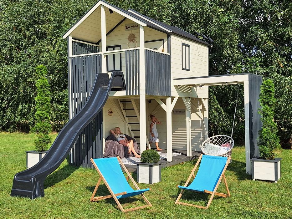Nowoczesny Domek drewniany dla dzieci OGRODOWY piętrowy plac MONTAŻ