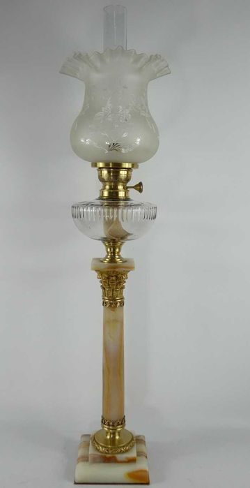 Kolumnowa LAMPA NAFTOWA alabaster brenner MATADOR kominek klosz 85 cm