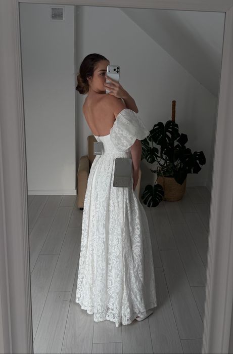 Suknia ślubna koronkowa bufki romantyczna litera A