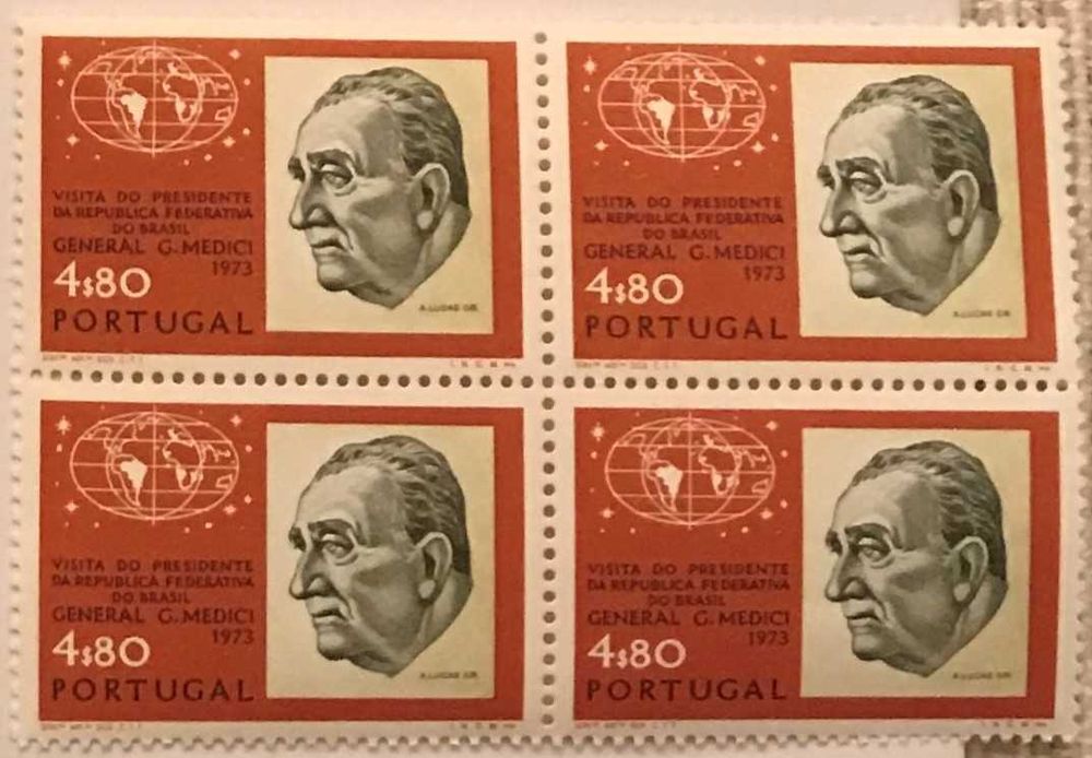 Quadra de selos novos de 4$80 - Visita Pres. do Brasil a Portugal-1973