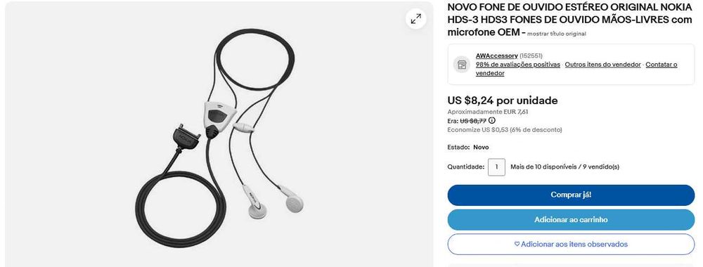 Phones Nokia HDS-3 Stereo Headset (Modelo Antigo)