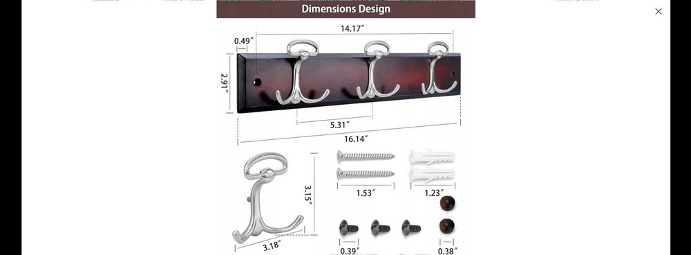 Wieszak do montażu na ścianie z 6 srebrnymi haczykami orzech