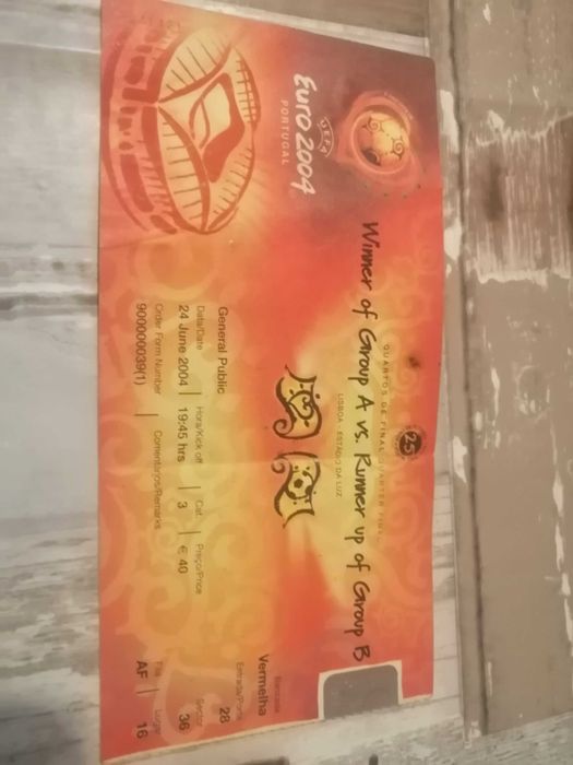 bilhete Quartos de final Euro 2004 portugal vs inglatera.