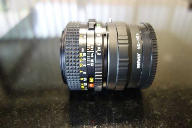 Objectiva manual Minolta MD 50mm F2 + Adaptador E-Mount