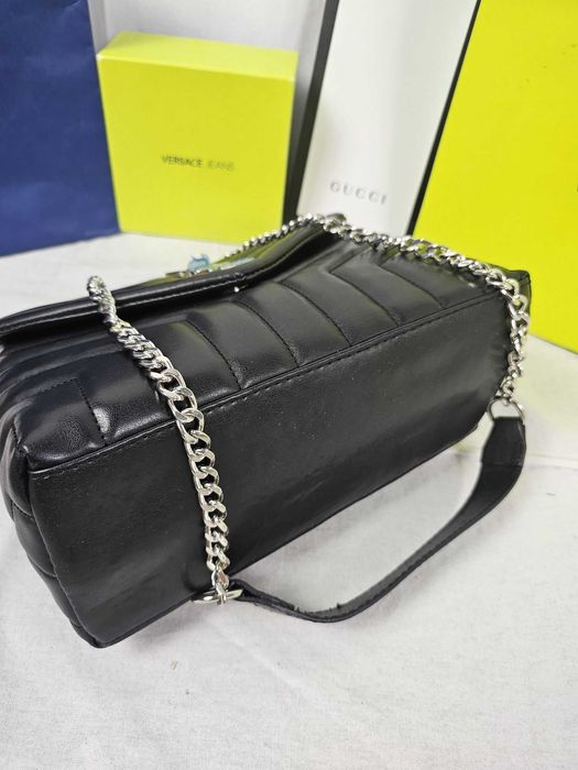 Torba listonoszka duza prazkowana damska Czarna YSL lancuszek