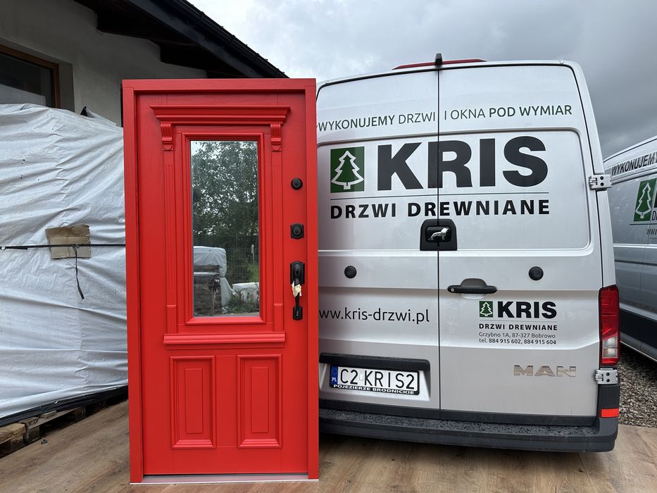 Drzwi zewnętrzne drewniane Amerykańskie schlage CzerwoneMontaz Polska