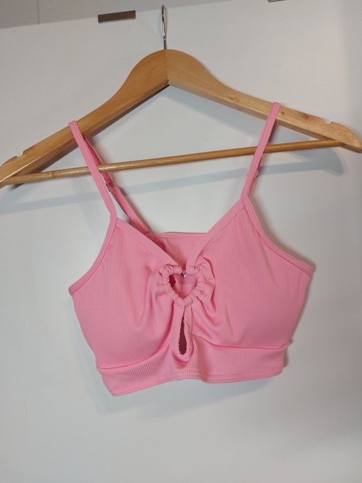 Różowa koszulka z serduszkiem crop top 38/M różowa bluzka podkoszulek