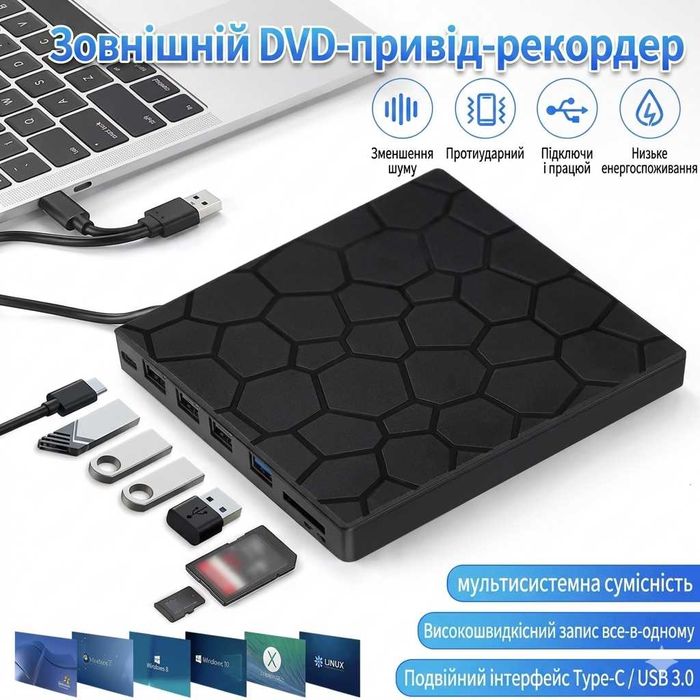 Зовнішній CD/DVD RW дисковод з USB хабом 10 в 1 USB 3.0 Type-C привід оптичний з кардрідером Micro SD для ноутбука та макбуку