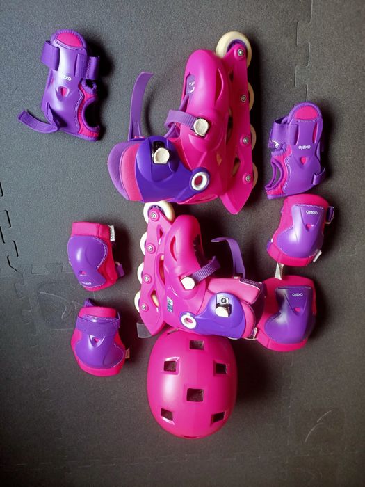 Patins em linha para criança, menina, com kit de proteção