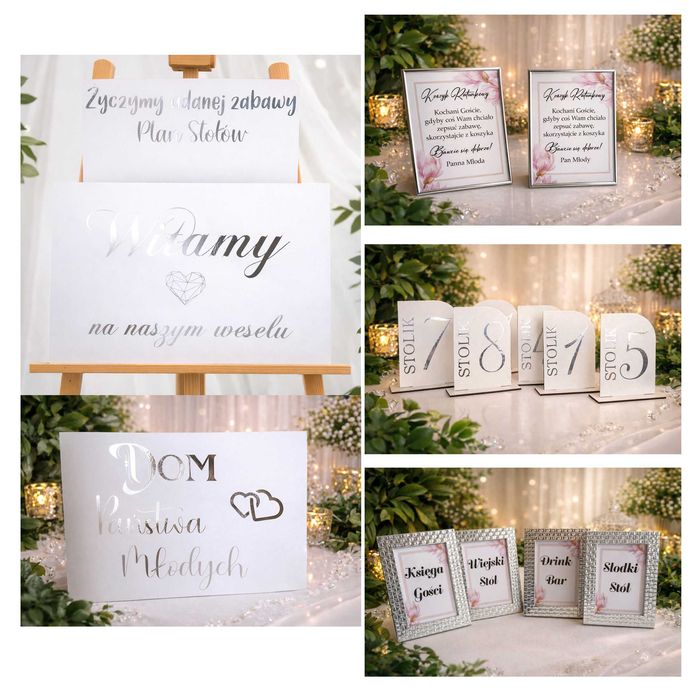 Srebrny komplet weselny dekoracje ślubne glamour plan stołów tablica