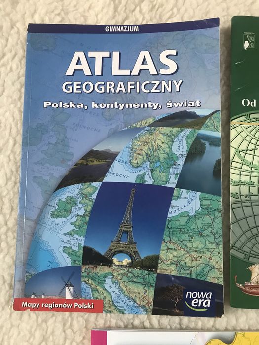 Zestaw atlas geograficzny, historyczny + mapy konturowe, książki