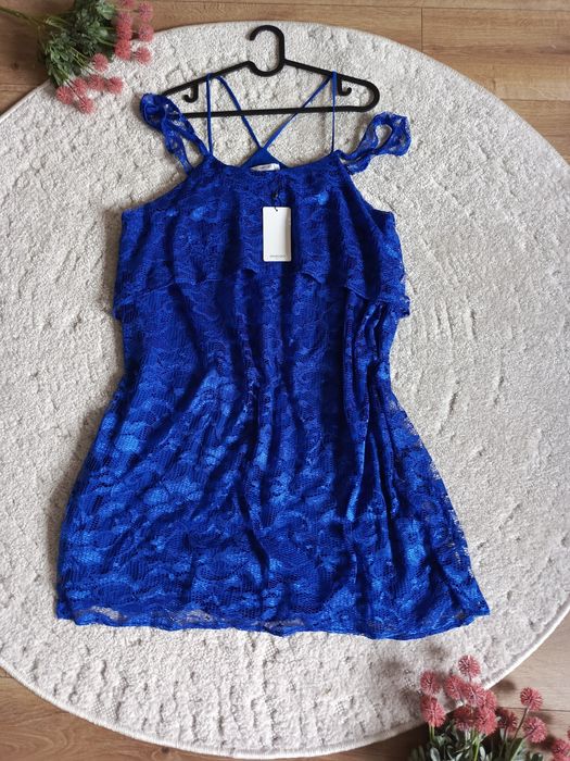 sukienka koronkowa niebieska kobaltowa nowa Mango L elegancka letnia z