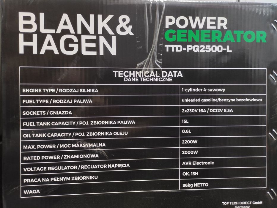 Na Lewara Agregat prądotwórczy Blank&Hagen TTD-PG2500L