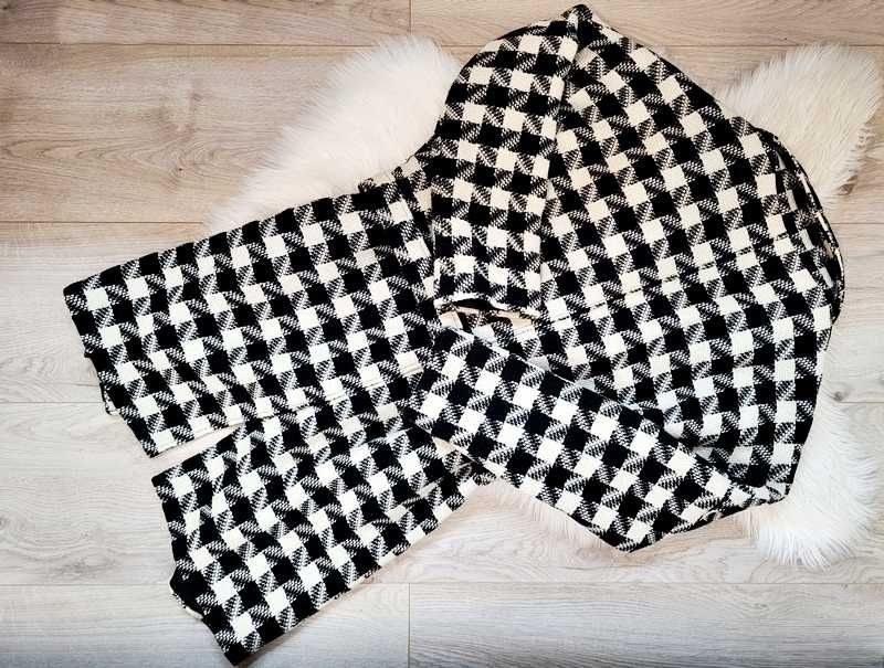 Kremowo-czarny płaszcz w pepitkę z wełną, paskiem, Bik Bok, L (40)