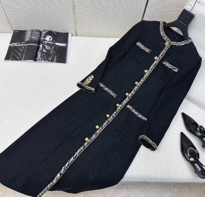 Elegancki Długi Płaszcz Tweedowy z Koronką Chanelka S M L