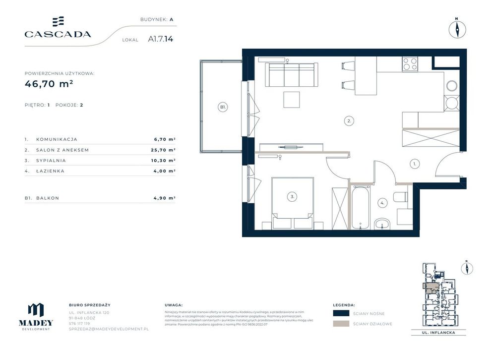 2-pokojowe mieszkanie 46m2 + balkon